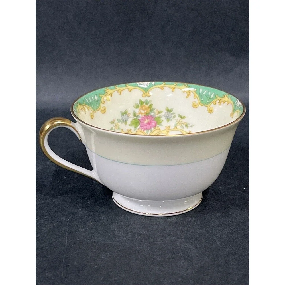 1930s Noritake Tiffany M Teacup Saucer Plate 4 Pc Set Gold Trim Ivory Aqua Beige